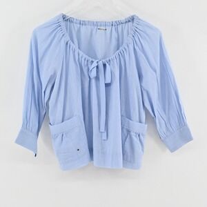 Anthropologie‎ Peasant Blouse Womens Size S Blue Tie Neck Cotton 3/4 Sleeve Top